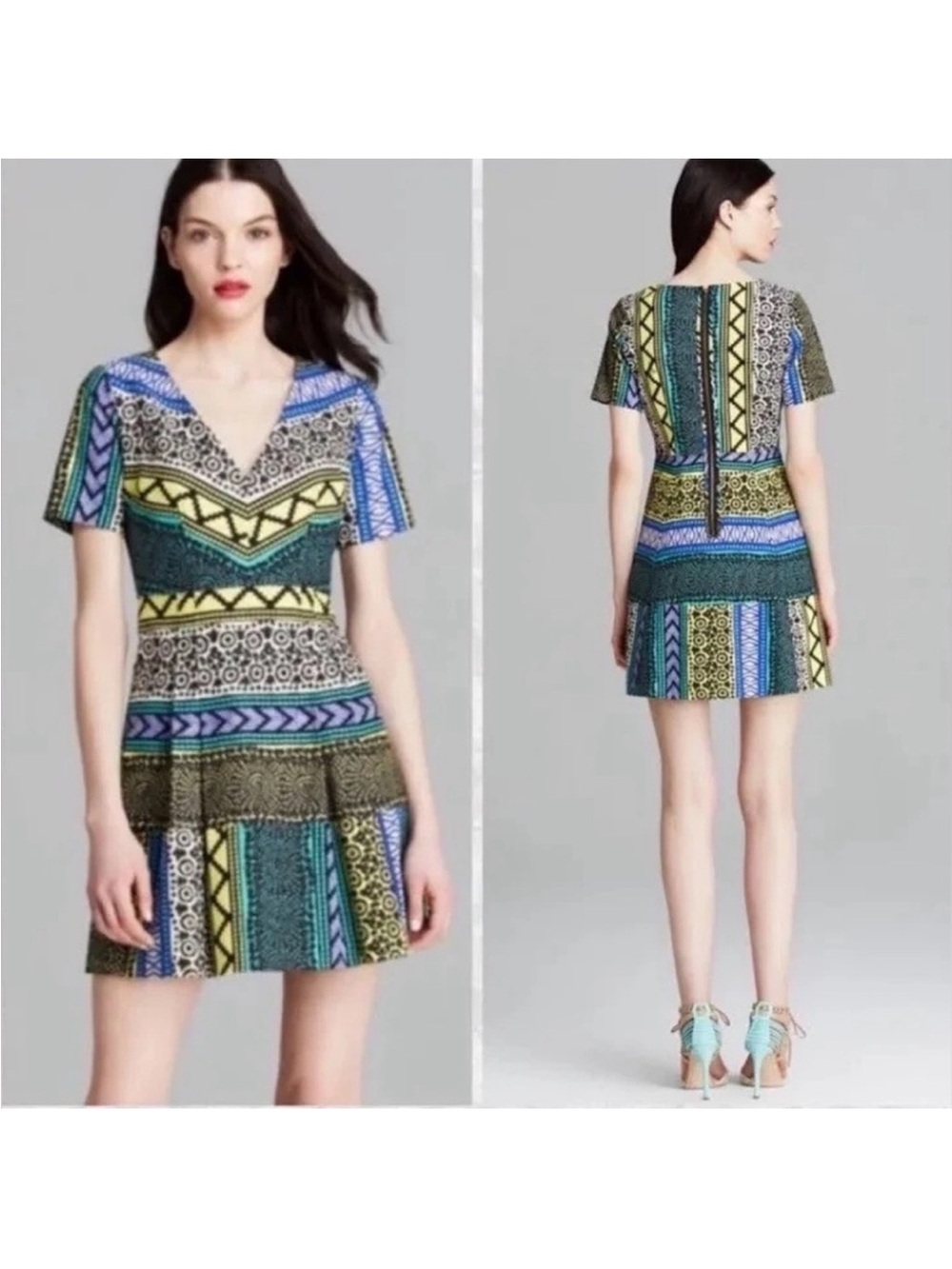 Anthropologie Tracy Reese Geo New Moon V-Neck Short Sleeve Mini Dress Size 6
